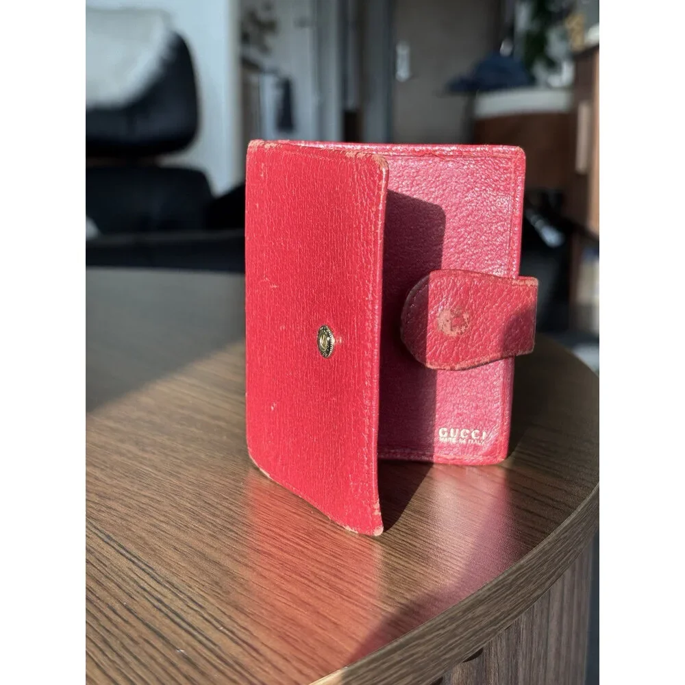 GUCCI Authentic Vintage Red Leather Bifold Wallet With Button Made In Italy